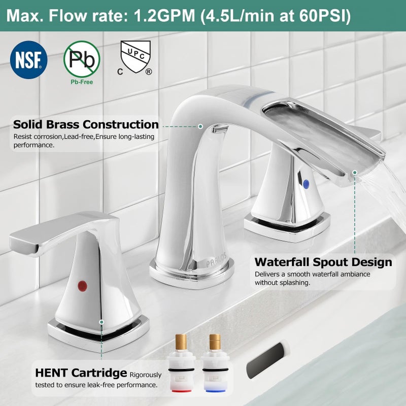 PARLOS Waterfall Widespread Bathroom Faucet Two Handles with Metal Pop Up Drain & cUPC Faucet Supply Lines, Doris (Brushed Nickel) - Image 2